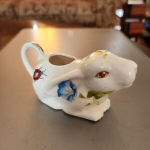 Vintage Gracie China Rabbit Creamer- Bunny Creamer with Flowers Bugs Gold Leaf